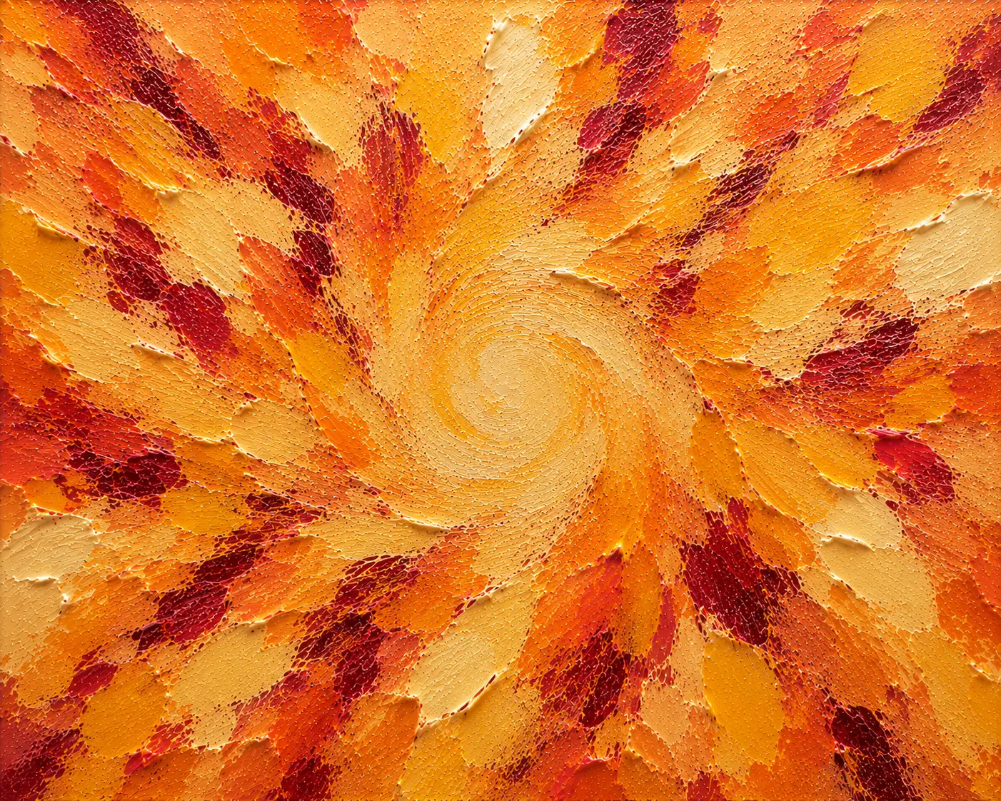 Óleo de empaste: una espiral de pinceladas a espátula en carmesí, naranja y oro que se abre desde el centro del lienzo.